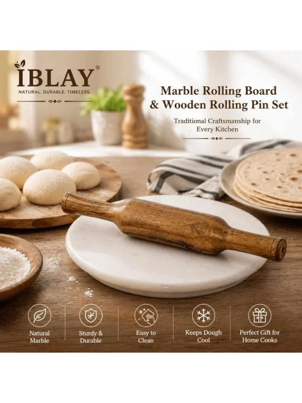 10-Inch Natural Marble Rolling Board & Wooden Pin Set for Roti, Pizza, Pastry